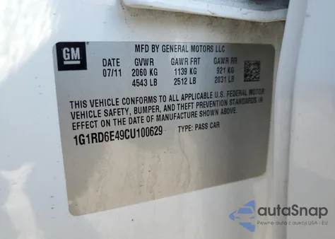 2012 Chevrolet Volt from USA, damaged, VIN 1G1RD6E49CU100629